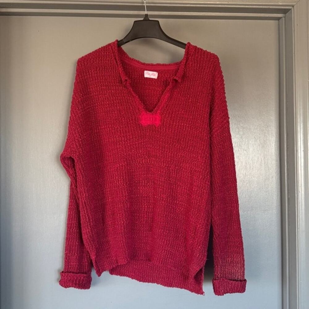 Pink Lily Red Pullover Loosely Knit Sweater Distressed Grunge V-Neck sz L